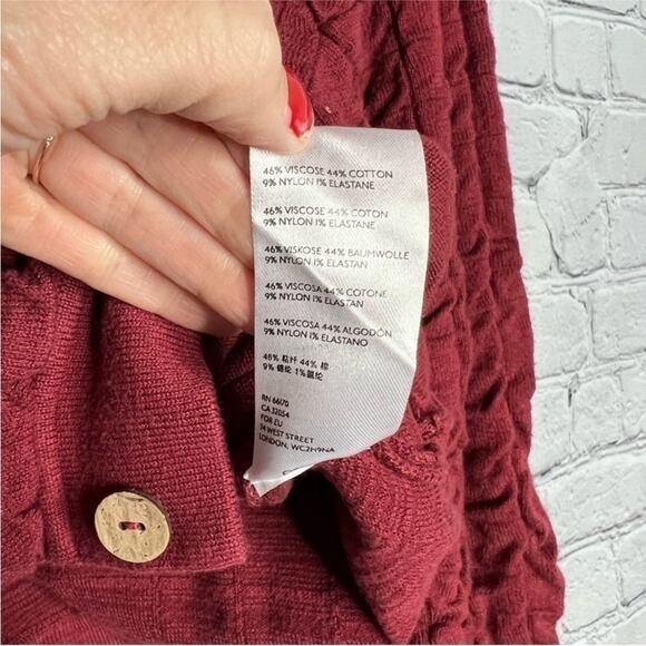 FP FREE PEOPLE Beach Burgundy Red Tan Button Knit Cardigan Ruche Bomber Jacket S - Picture 7 of 10